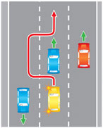Выезд на крайнюю левую полосу на трехполосной дороге с двухсторонним движением.